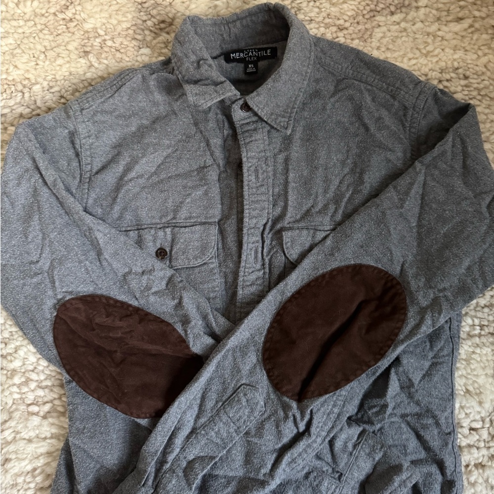 J. Crew Mercantile Gray Casual Button Down Shirt with Brown Elbow Patches